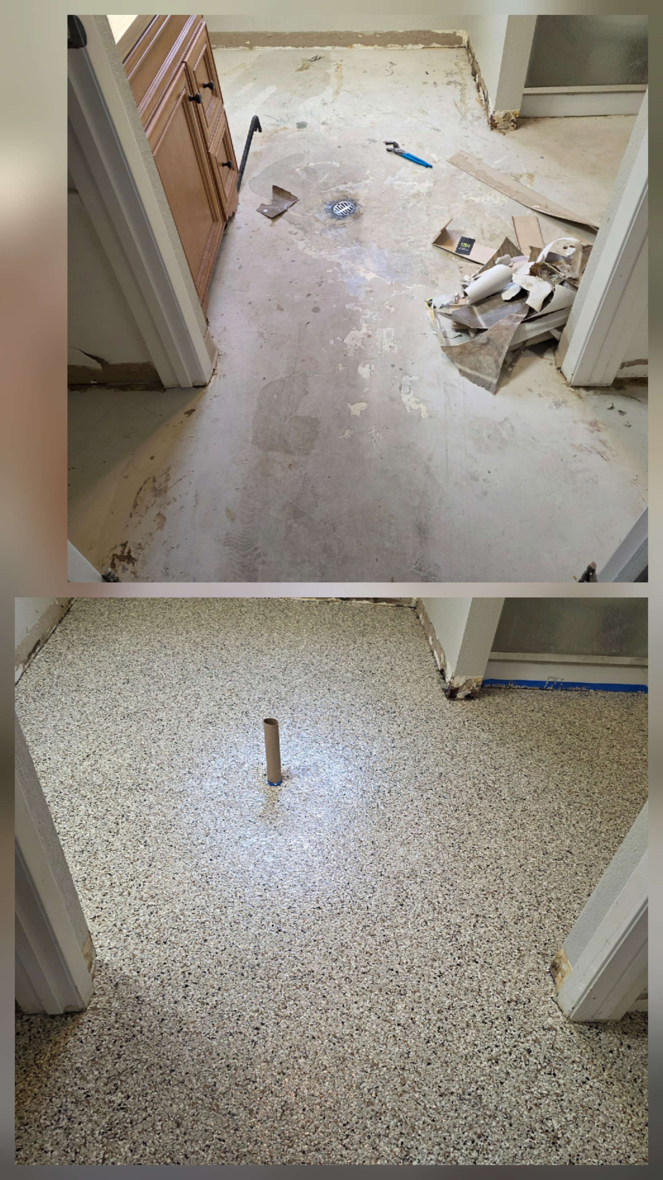 Bathroom interior and floor beside the tub.