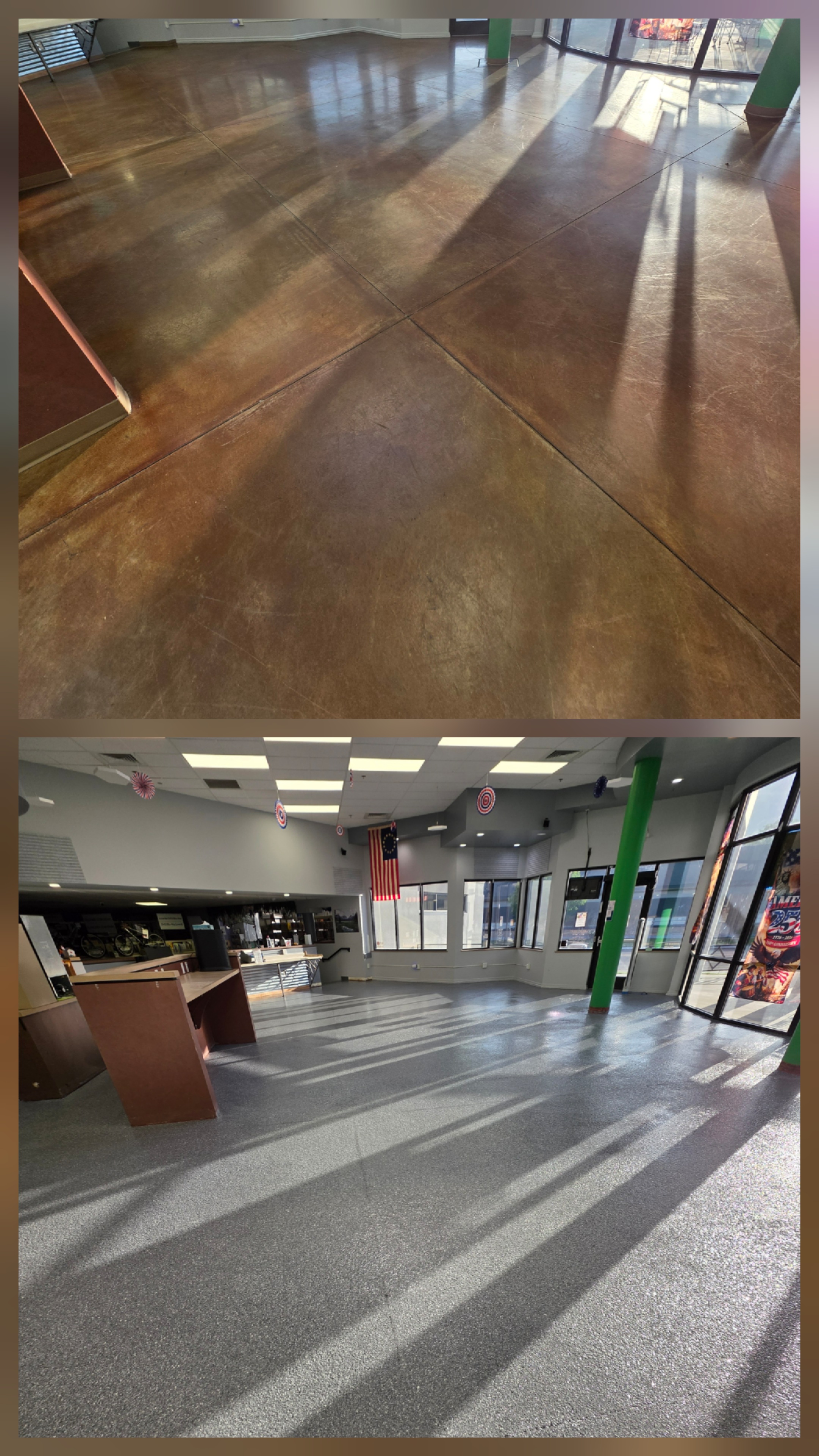 Grey commercial floor and shop windows with the original signage visible.